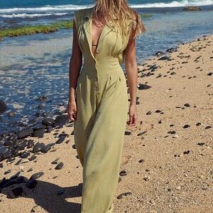 Free People Shasta One-Piece Yellow Wide Leg Jumpsuit Cutout Back Medium Coastal